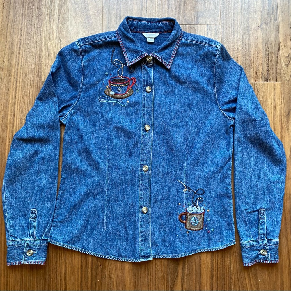 Christopher & Banks Denim Shirt S Coffee Mug Embroidered Button Up Western